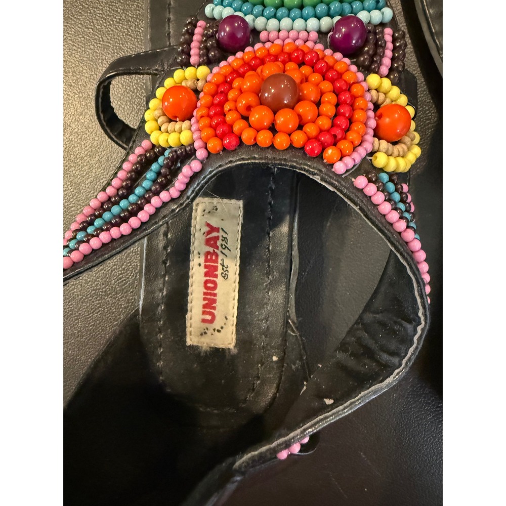 Unionbay Womens 8 Sandals Black Multi Color Beaded Bohemian Thong Back Zip Flat - Picture 8 of 9